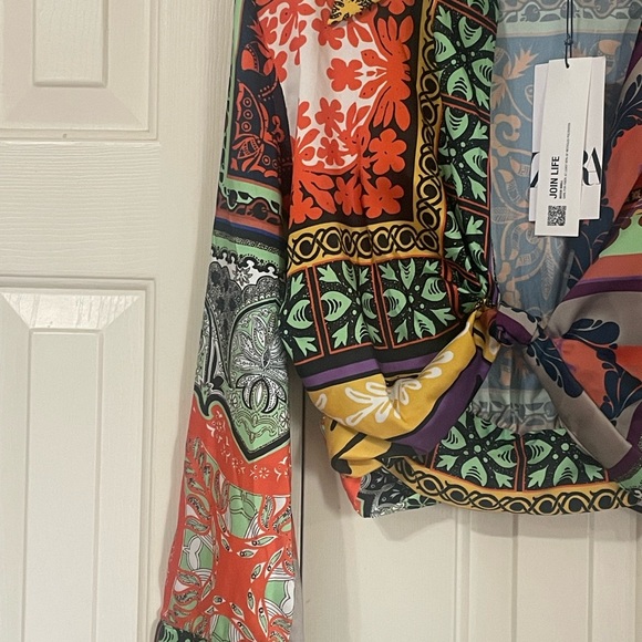 Zara Red and Orange Crop Tie Front Blouse/ bandana top - Picture 2 of 4